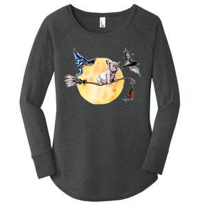 Cute Halloween Water Color Puppy On Witch Broom Women's Perfect Tri Tunic Long Sleeve Shirt