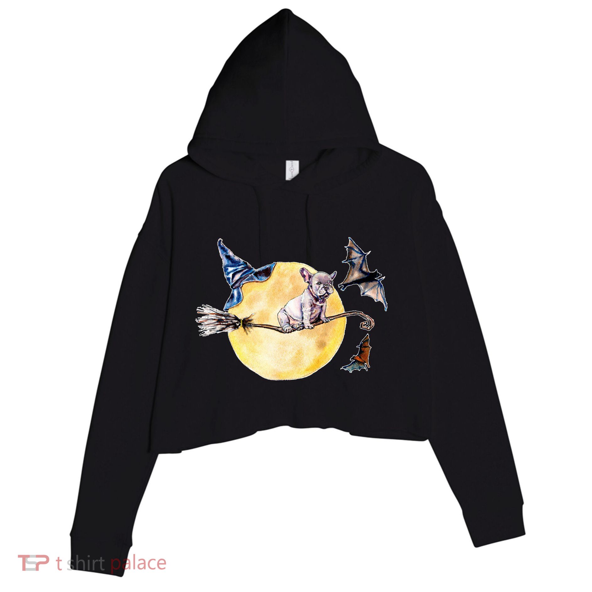 Cute Halloween Water Color Puppy On Witch Broom Crop Fleece Hoodie