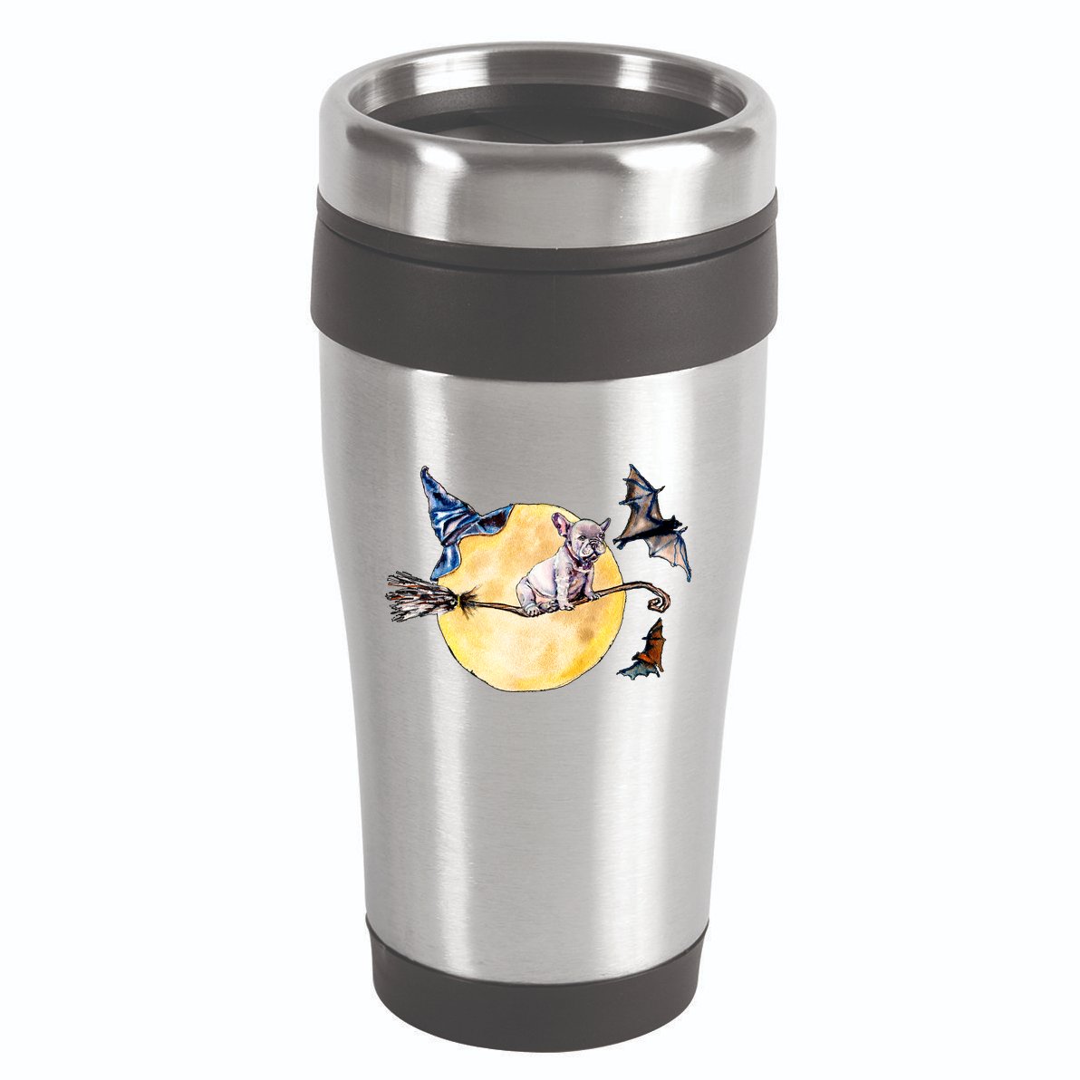 Cute Halloween Water Color Puppy On Witch Broom 16oz Travel Tumbler
