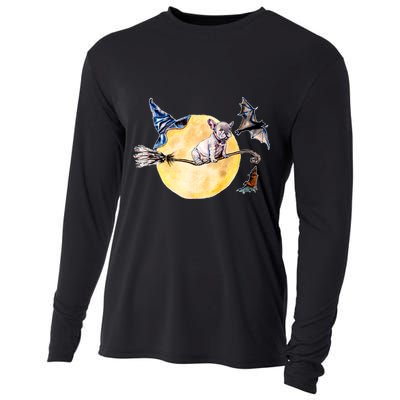 Cute Halloween Water Color Puppy On Witch Broom Cooling Performance Long Sleeve Crew