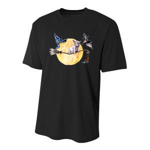 Cute Halloween Water Color Puppy On Witch Broom Youth Performance Sprint T-Shirt