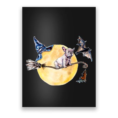 Cute Halloween Water Color Puppy On Witch Broom Poster