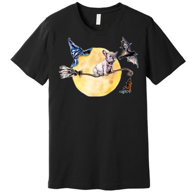 Cute Halloween Water Color Puppy On Witch Broom Premium T-Shirt