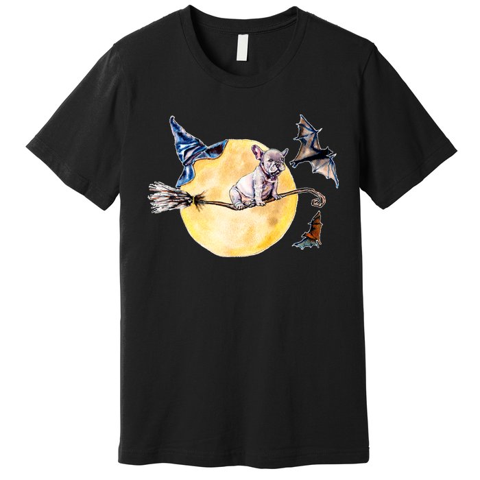 Cute Halloween Water Color Puppy On Witch Broom Premium T-Shirt