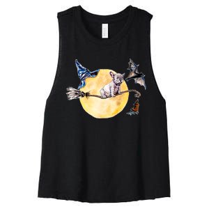 Cute Halloween Water Color Puppy On Witch Broom Women's Racerback Cropped Tank