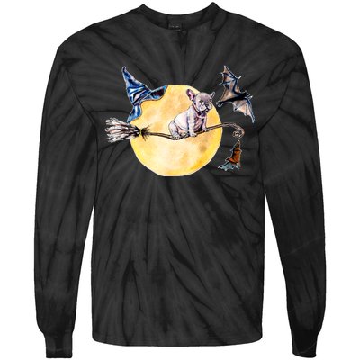 Cute Halloween Water Color Puppy On Witch Broom Tie-Dye Long Sleeve Shirt