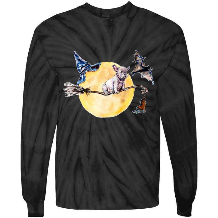 Cute Halloween Water Color Puppy On Witch Broom Tie-Dye Long Sleeve Shirt