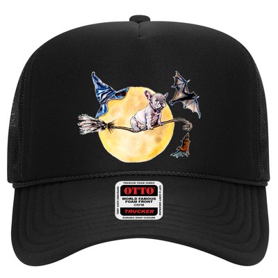 Cute Halloween Water Color Puppy On Witch Broom Trucker Hat