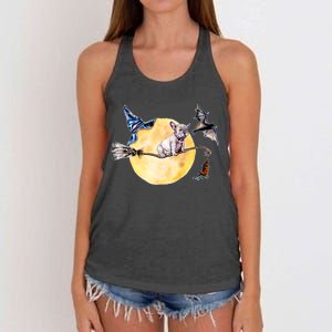 Cute Halloween Water Color Puppy On Witch Broom Women's Knotted Racerback Tank