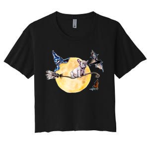 Cute Halloween Water Color Puppy On Witch Broom Women's Crop Top Tee