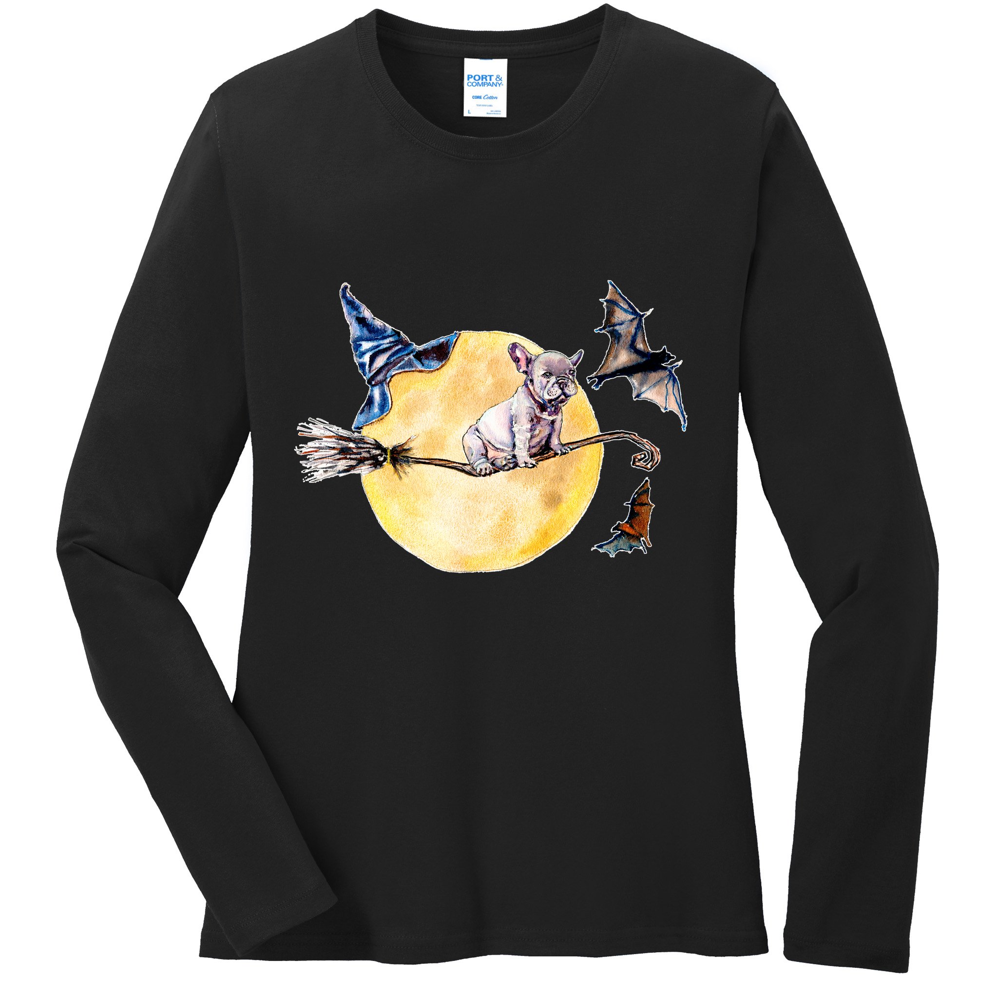 Cute Halloween Water Color Puppy On Witch Broom Ladies Long Sleeve Shirt