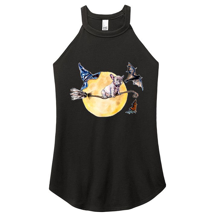 Cute Halloween Water Color Puppy On Witch Broom Women's Perfect Tri Rocker Tank