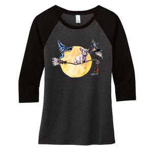 Cute Halloween Water Color Puppy On Witch Broom Women's Tri-Blend 3/4-Sleeve Raglan Shirt