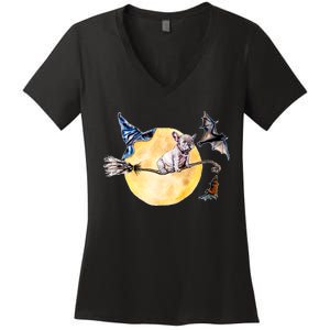 Cute Halloween Water Color Puppy On Witch Broom Women's V-Neck T-Shirt