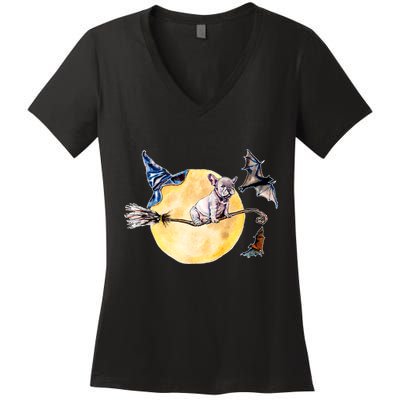 Cute Halloween Water Color Puppy On Witch Broom Women's V-Neck T-Shirt