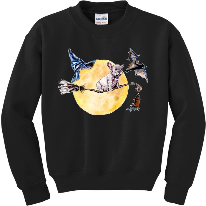 Cute Halloween Water Color Puppy On Witch Broom Kids Sweatshirt