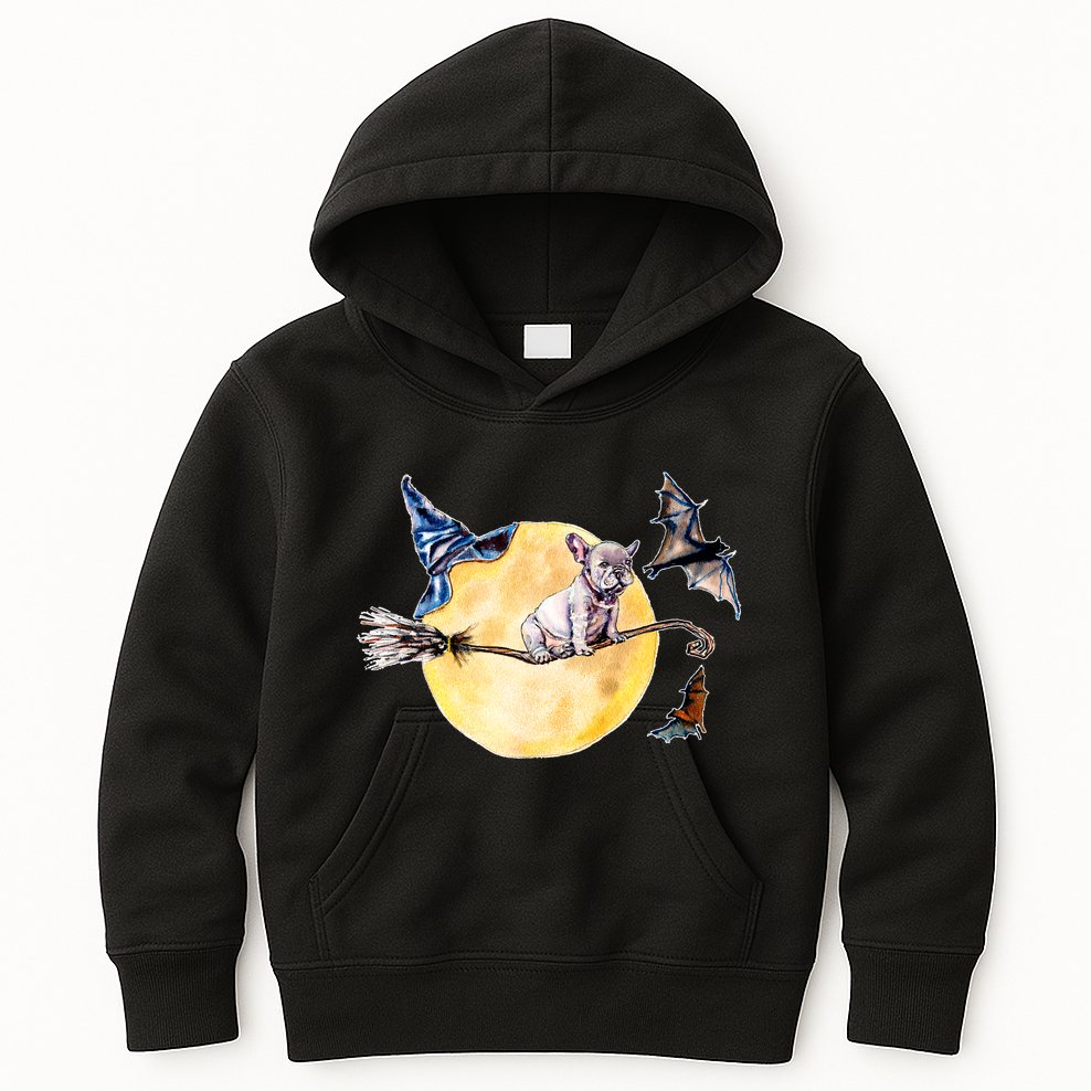 Cute Halloween Water Color Puppy On Witch Broom Kids Hoodie
