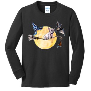 Cute Halloween Water Color Puppy On Witch Broom Kids Long Sleeve Shirt