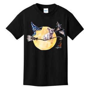 Cute Halloween Water Color Puppy On Witch Broom Kids T-Shirt