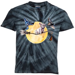 Cute Halloween Water Color Puppy On Witch Broom Kids Tie-Dye T-Shirt