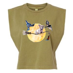 Cute Halloween Water Color Puppy On Witch Broom Garment-Dyed Women's Muscle Tee