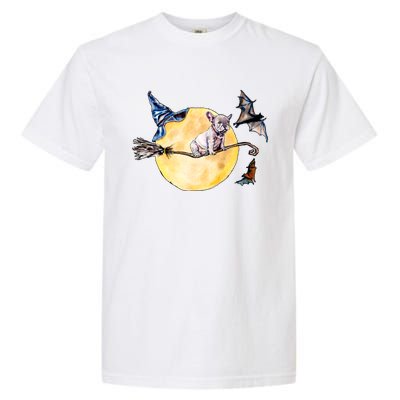 Cute Halloween Water Color Puppy On Witch Broom Garment-Dyed Heavyweight T-Shirt