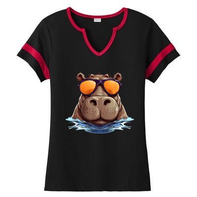 Cool Hippo With Sunglasses For Funny Animals Costume Ladies Halftime Notch Neck Tee