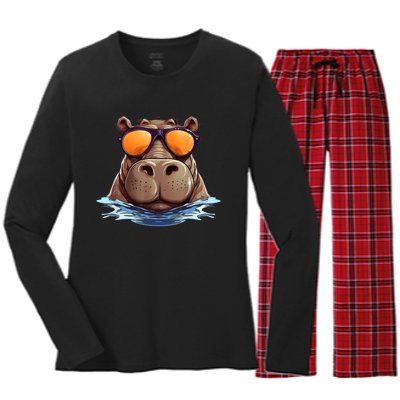 Cool Hippo With Sunglasses For Funny Animals Costume Women's Long Sleeve Flannel Pajama Set 