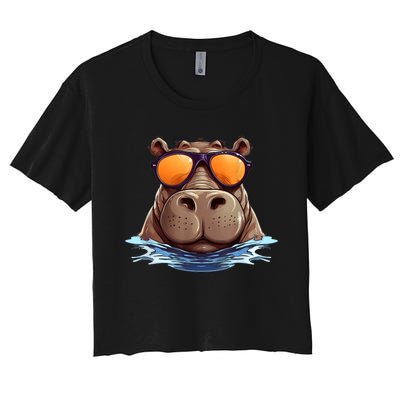 Cool Hippo With Sunglasses For Funny Animals Costume Women's Crop Top Tee