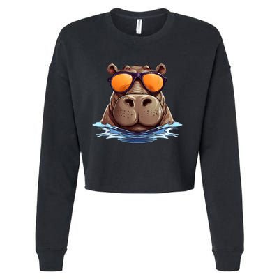 Cool Hippo With Sunglasses For Funny Animals Costume Cropped Pullover Crew