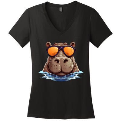 Cool Hippo With Sunglasses For Funny Animals Costume Women's V-Neck T-Shirt