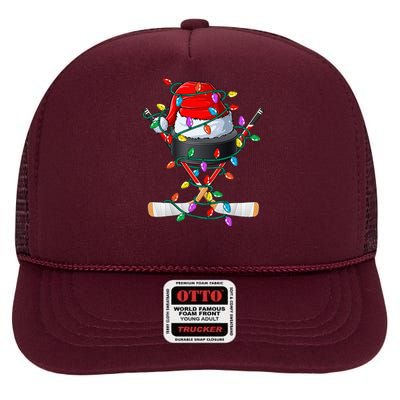 Christmas Hockey Xmas Santa Sports Hat Ball High Crown Mesh Back Trucker Hat