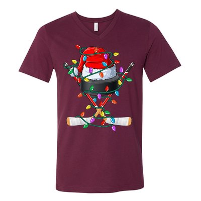 Christmas Hockey Xmas Santa Sports Hat Ball V-Neck T-Shirt