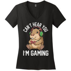 CanT Hear You IM Gaming Capybara Gamer Funny Graphic Women's V-Neck T-Shirt