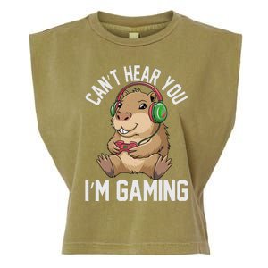 CanT Hear You IM Gaming Capybara Gamer Funny Graphic Garment-Dyed Women's Muscle Tee