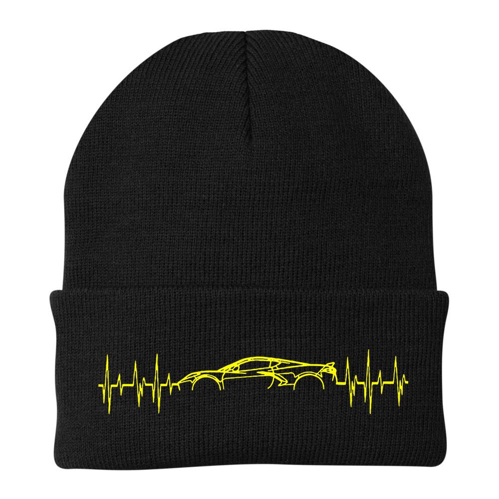 C8 Heartbeat Yellow Supercar Ekg Sports Car Heart Rate Beanie