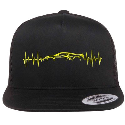 C8 Heartbeat Yellow Supercar Ekg Sports Car Heart Rate Flat Bill Trucker Hat