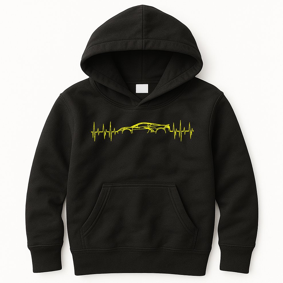 C8 Heartbeat Yellow Supercar Ekg Sports Car Heart Rate Kids Hoodie