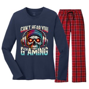 CanT Hear You Gaming Skull Headset Game Lovers Graphic Women's Long Sleeve Flannel Pajama Set 