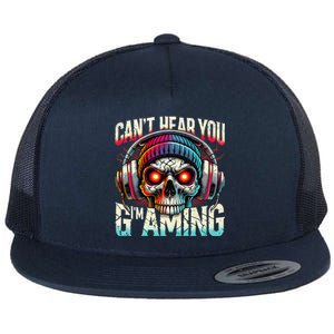 CanT Hear You Gaming Skull Headset Game Lovers Graphic Flat Bill Trucker Hat