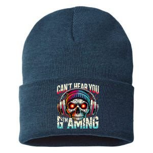 CanT Hear You Gaming Skull Headset Game Lovers Graphic Sustainable Knit Beanie