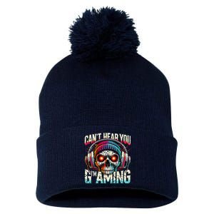 CanT Hear You Gaming Skull Headset Game Lovers Graphic Pom Pom 12in Knit Beanie