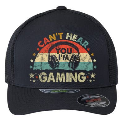 Can't Hear You I'm Gaming Funny Vintage Gamer Gift Headset Funny Gift Flexfit Unipanel Trucker Cap