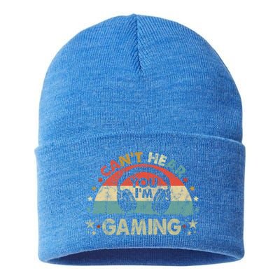 Can't Hear You I'm Gaming Funny Vintage Gamer Gift Headset Funny Gift Sustainable Knit Beanie