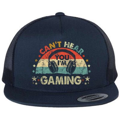 Can't Hear You I'm Gaming Funny Vintage Gamer Gift Headset Funny Gift Flat Bill Trucker Hat