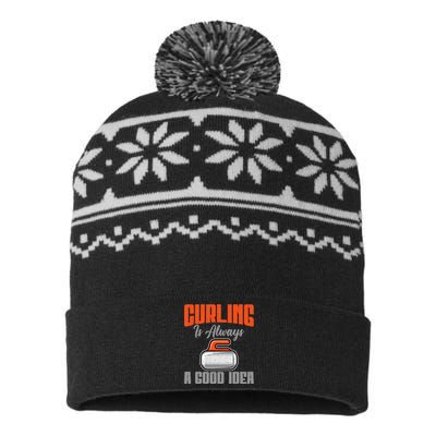 Curling Is Always A Good Idea Curling Great Gift USA-Made Snowflake Beanie