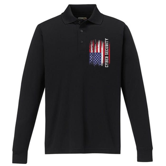 Cybersecurity It Analyst Us Flag Certified Tech Security Performance Long Sleeve Polo