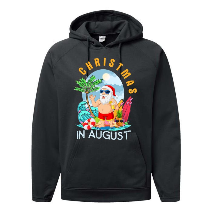 Christmas In August Xmas Funny Santa Summer Beach Vacation Performance Fleece Hoodie