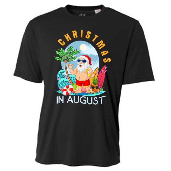 Christmas In August Xmas Funny Santa Summer Beach Vacation Cooling Performance Crew T-Shirt