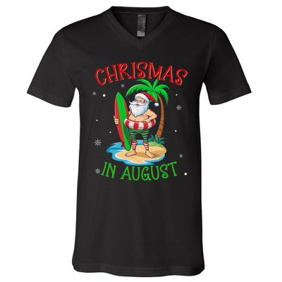 Christmas In August Funny Summer Santa On Beach V-Neck T-Shirt